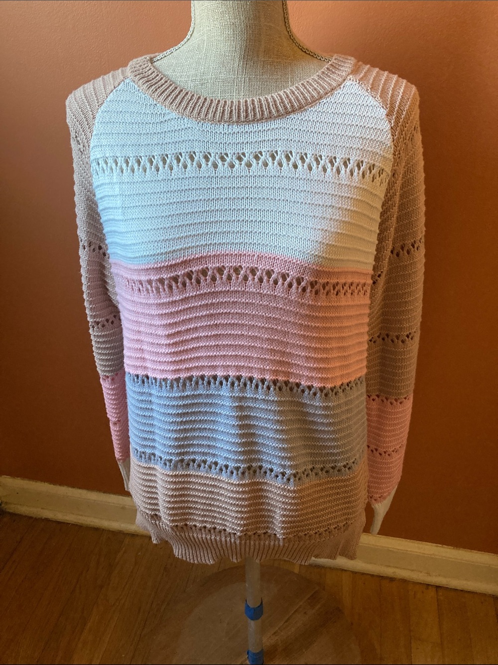 Striped Open-Knit Crewneck Sweater - Pink, White, Tan  & Gray